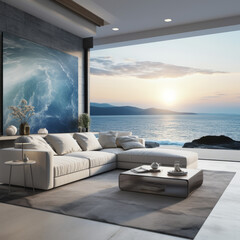 Interior of luxurious living room with a sea view background. Created using generative AI