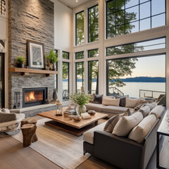 Interior of modern living room with fireplace and lakeside view. Created using generative AI