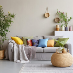 Interior of house with gray couch and colorful pillows with plants and straw decorations. Created using generative AI