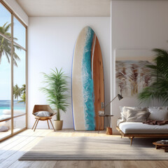 Interior of beach house themed living room with surfboard. Created using generative AI