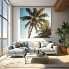 Interior of beach house themed living room with palm tree. Created using generative AI