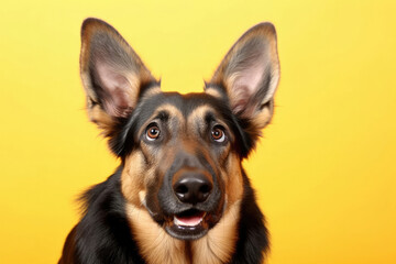 Fototapeta premium A German Shepherd with one ear flipped inside out on a bright yellow background, showcasing its black-and-tan coat and intelligent brown eyes in a goofy pose.
