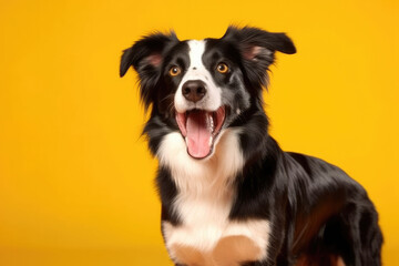 An eager Border Collie with a glossy black and white coat and sparkling eyes showing anticipation on a sunny yellow backdrop.