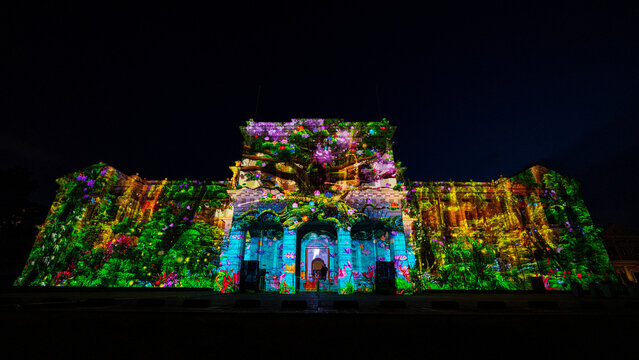 Singapore - August 28 2019: Singapore Night festival Projection Mapping at Singapore National Museum.