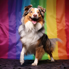 A playful and lively Australian Shepherd dances in a whimsical studio with a rainbow pastel backdrop.