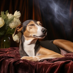 A Greyhound enjoying a moment of relaxation in a serene studio.