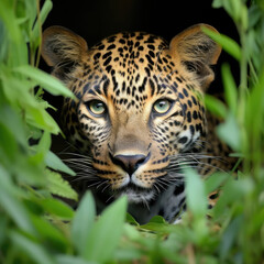 Obraz premium A watchful Leopard crouches against a jungle green pastel background, showcasing its stealth and intent.