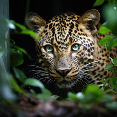 A watchful Leopard crouches against a jungle green pastel background, showcasing its stealth and intent.