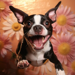 A merry Boston Terrier radiates happiness and excitement.