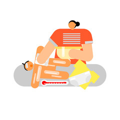 Illustration of fever kid care by mother.