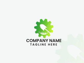 Fototapeta premium landscaping gear logo design. Landscaping. Home garden. Gear vector. Garden clean. Natural. Agricultural. Business. Green. Gardening. Lawn care. Service