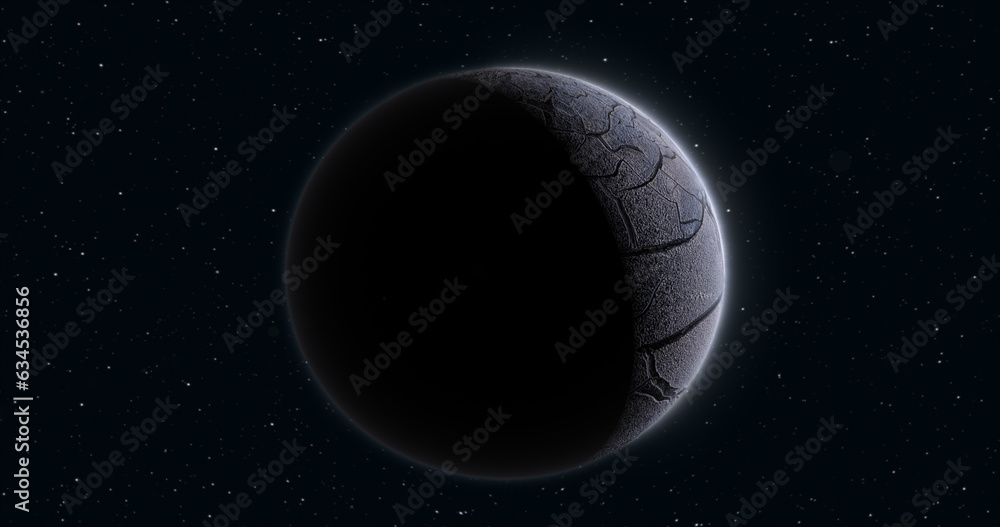 Poster abstract realistic space planet round sphere with a stone relief surface in space against the backgr