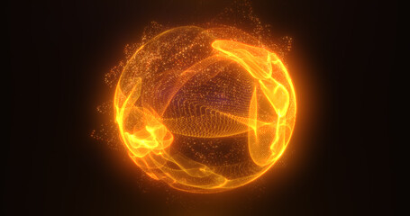 Fototapeta premium Abstract orange fire energy sphere of particles and waves of magical glowing on a dark background