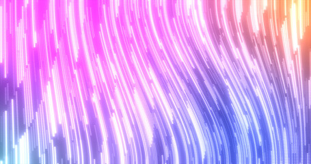 Abstract purple multi-colored glowing flying lines stripes of luminous dots and energy particles abstract disco background