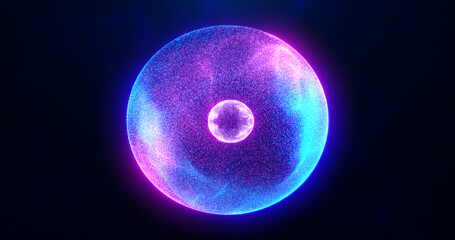 Naklejka premium Blue purple energy sphere with glowing bright particles, atom with electrons and elektric magic field scientific futuristic hi-tech abstract background