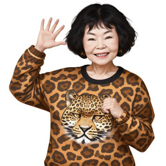 Osaka’s auntie wearing a leopard print sweatshirt isolated on a transparent background. - obrazy, fototapety, plakaty