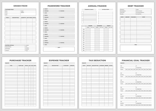 Minimalist planner pages templates. Printable business planner Page .Order From, Password Tracker, Annual Finance, Debt Tracker, Purchase Tracker,Expense Tracker Tax Deduction, Financial Goal Tracker.