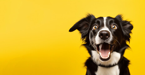 A dog with a shocking face in front of a yellow background, a dog with its mouth open, Generative AI
