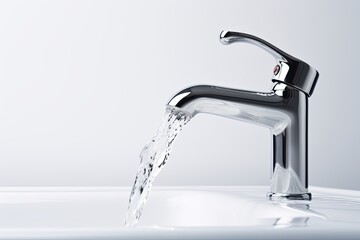 Faucet and water flow on white background