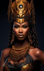 Portrait beautiful futuristic African warrior queen, in golden exotic clothing.