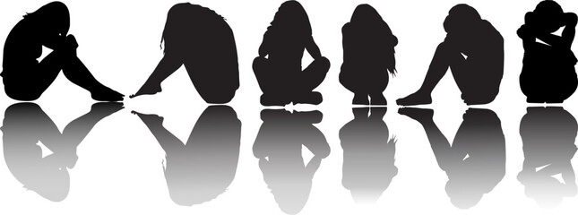Set of Girls crouching in Depression and sitting alone silhouettes on white background. Vector illustration .Sad and Crying, face in sitting . Over thinking beautiful women in Different Style..