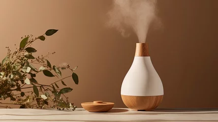 Gordijnen White and wood essential oil diffuser on tan background © twilight mist