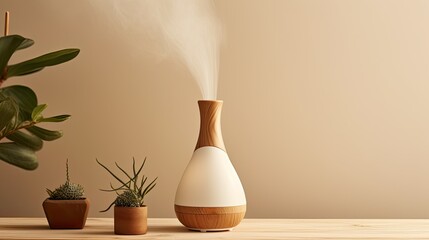 White and wood essential oil diffuser on tan background