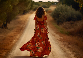 A woman wearing a long flowery dress walking down a dirt road
