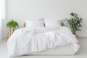 White double bed with linen and storage on white background