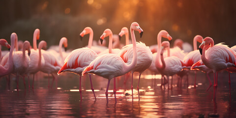 flamingo in the water, A group of flamingos wading in a pond