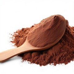 Cocoa powder with wooden spoon isolated on white background