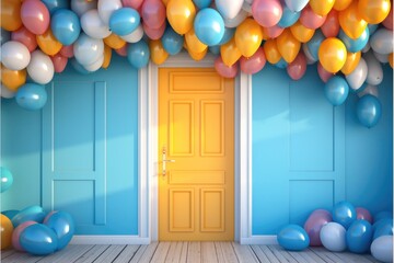 Colorful balloons float behind door and blue backdrop, Minimal idea concept creative.