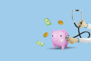 Sick piggy bank with stethoscope diagnosis financial health problem. Cost of living, money expenses caused stress and problem in family budget. Financial strategy planning. 3D rendering.