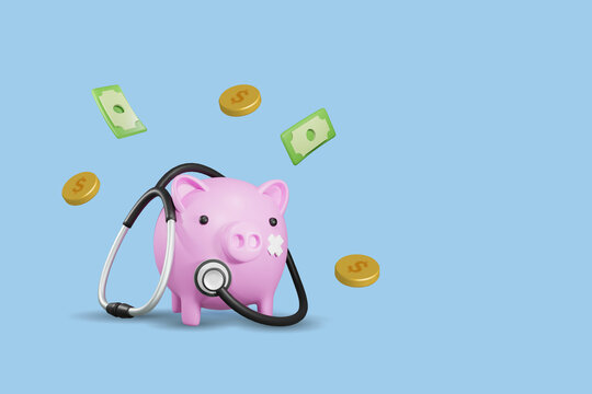 Sick piggy bank with stethoscope diagnosis financial health problem. Cost of living, money expenses caused stress and problem in family budget. Financial strategy planning. 3D rendering.