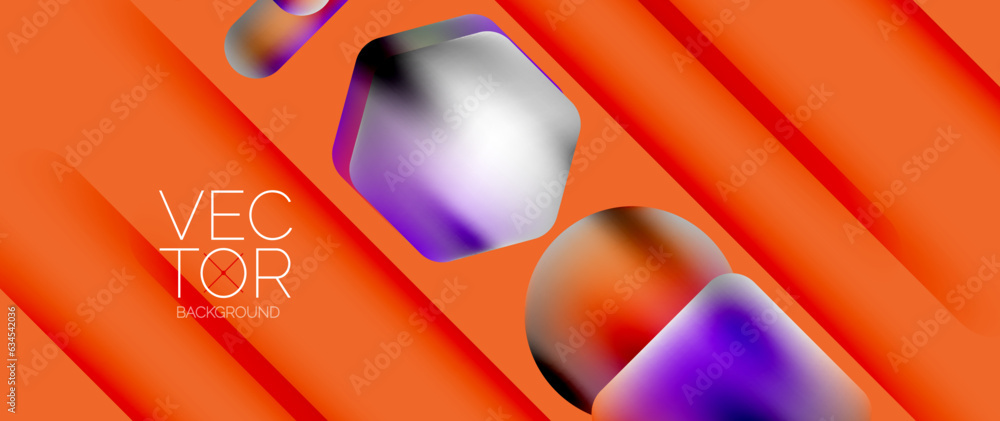 Poster dynamic bright colorful geometric elements with fluid gradients, lights, shadows blend in a minimal 