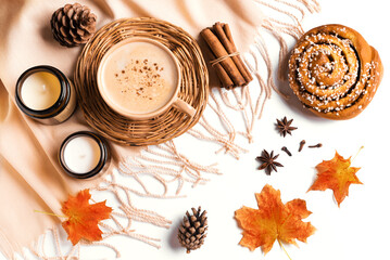 Autumn background with coffee and leaves