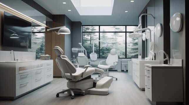 Dental equipment in dentist office in new modern stomatological clinic room.