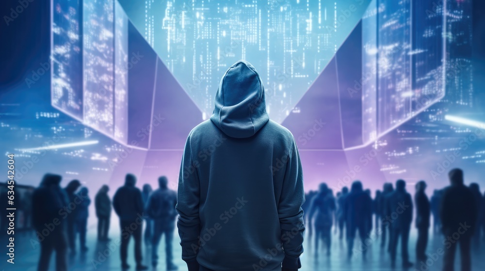 Leinwandbilder rear view, hacker stands amidst a hazy metaverse, information security terms cybersecurity concept, 