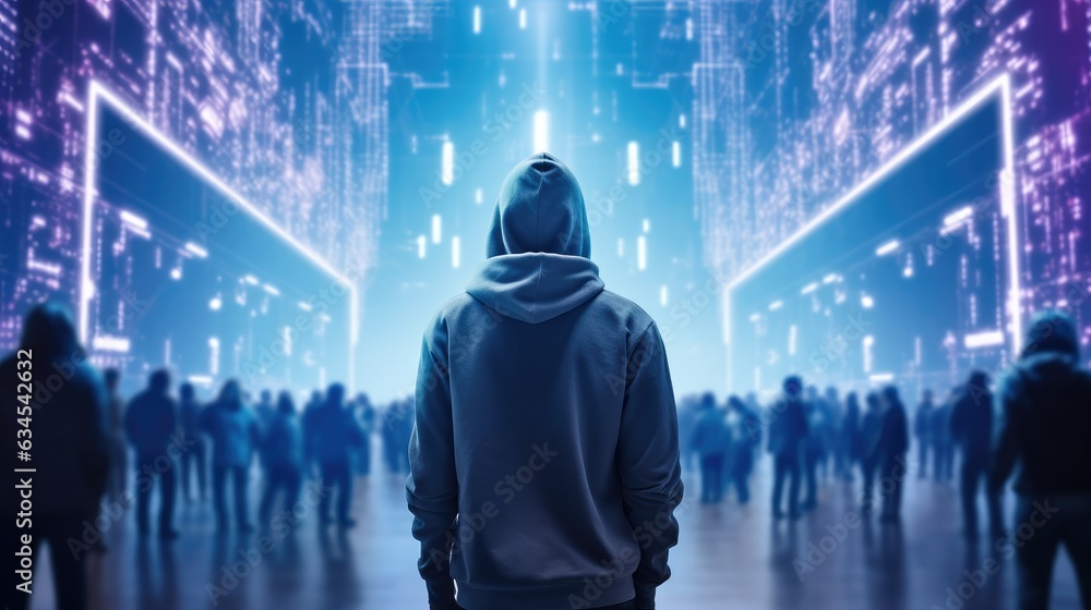 Leinwandbilder rear view, hacker stands amidst a hazy metaverse, information security terms cybersecurity concept, 