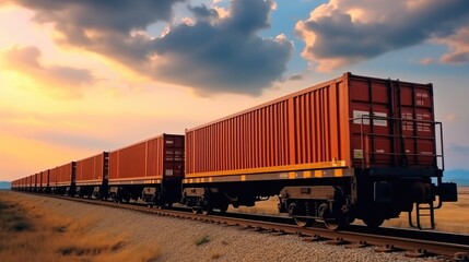 Fototapeta premium Freight train with containers on train tracks.