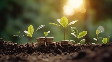 Young plant growing in sunlight, Money growth concept.