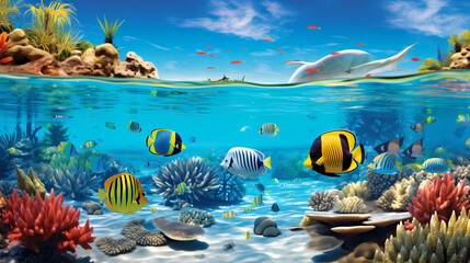 An idyllic lagoon teeming with colorful fish