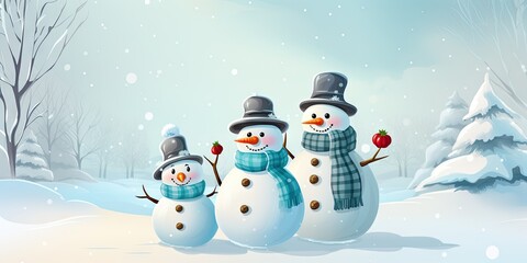 Snowman family with hats and scarves in the cold winter weather
