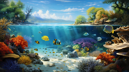 An idyllic lagoon teeming with colorful fish - obrazy, fototapety, plakaty