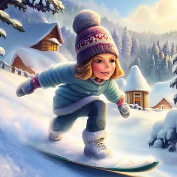 Watercolor illustration of a young girl riding a  snowboard