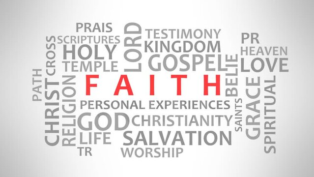 Faith theme typography animation, consisting of important words and concepts. 3D render