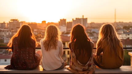 Back view of young female friends sitting together on rooftop watch sunset. Rear view of young friends sitting hanging out together on rooftop in evening