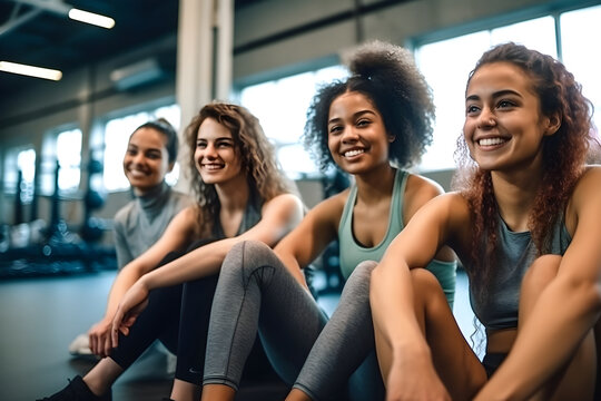 Diverse group of confident young women in sportwear happy and smiling at gym, Groups of multi-ethnic friends training together in the gym