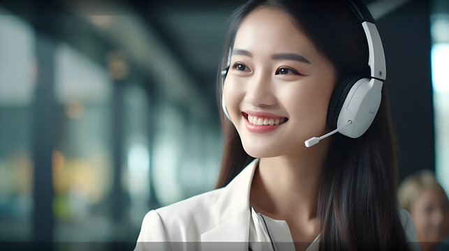 Asian woman working in call center office.