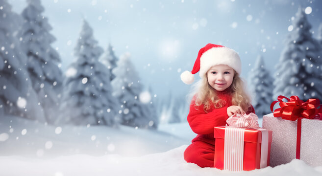 Cute child,girl, gieving  luxury gift box present with friendship concepts in snow falling background.happy new year and celebration festival.